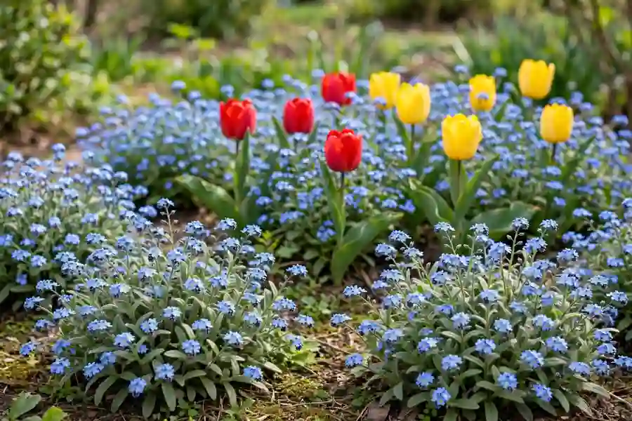 Blue forget me nots planted around red and yellow tulips in a spring bed