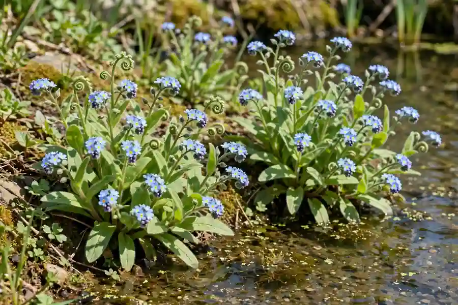 Water forget me not with blue flowers at the edge of a garden pond