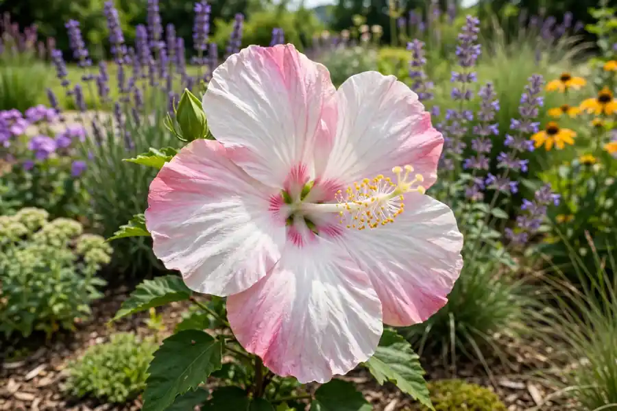 Large pink hardy hibiscus flower blooming in a summer garden border