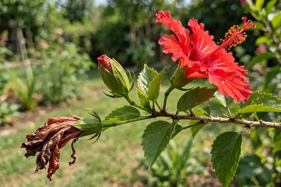 Hibiscus branch with an open bloom, a closed bud and a faded spent flower