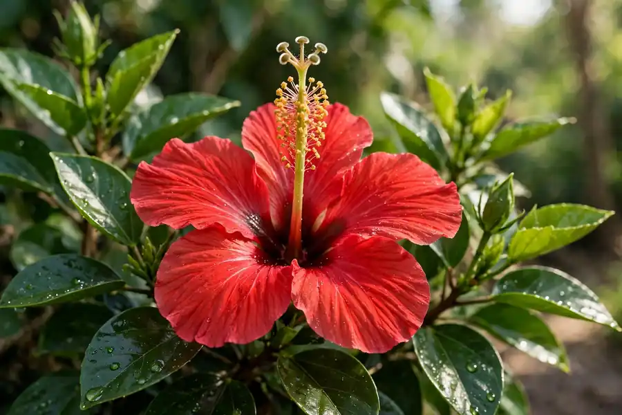 Red hibiscus flower with five petals and a long central column on a green shrub