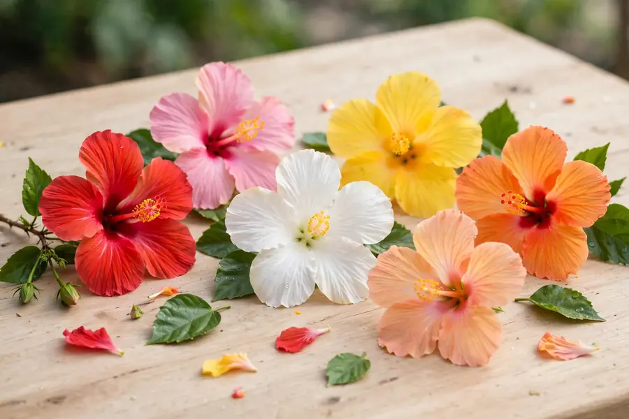 Cut hibiscus flowers in red, pink, white, yellow, orange and peach on a wooden table