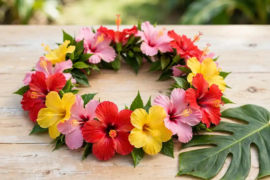 Garland of fresh hibiscus flowers lying on a wooden table with a green leaf
