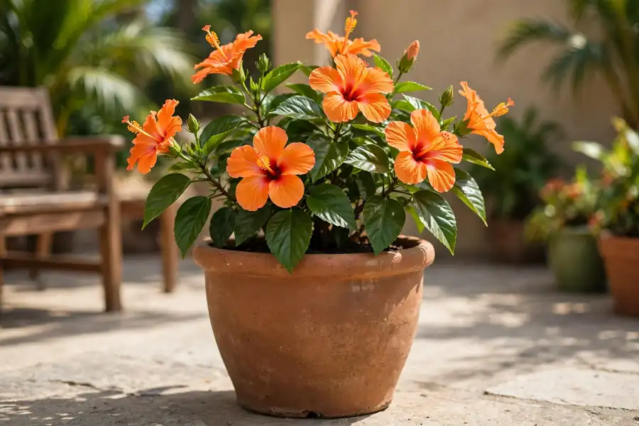 Potted tropical hibiscus with orange flowers on a sunny patio