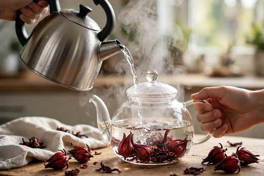 Hot water poured over dried hibiscus calyces in a glass teapot