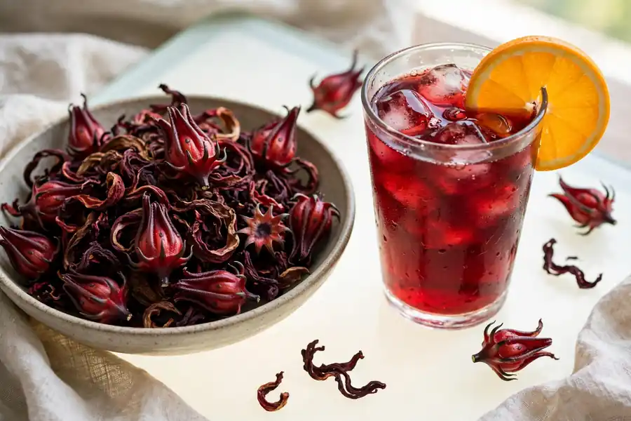 Bowl of dried roselle calyces beside a glass of red iced hibiscus tea