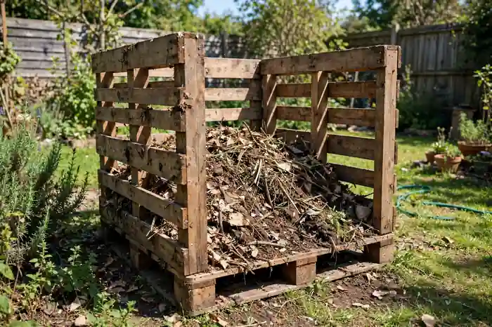Simple three-sided pallet compost bin in a backyard