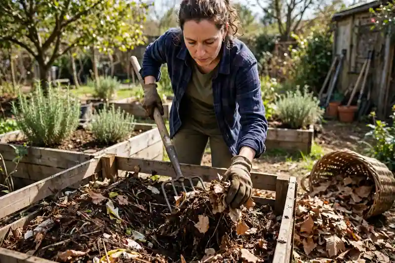 Person turning a compost pile and adding dry leaves