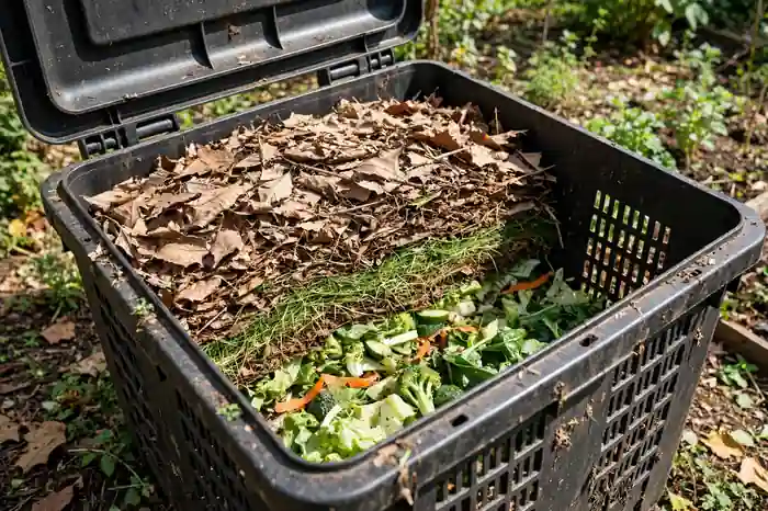 Compost bin with layers of browns and greens