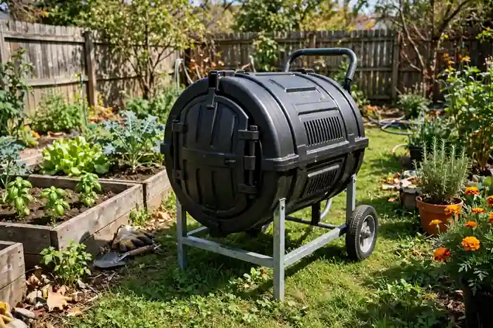 Compost tumbler in a backyard garden