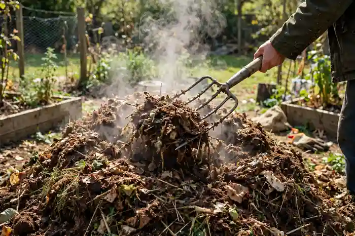 Hot compost pile being turned with a pitchfork