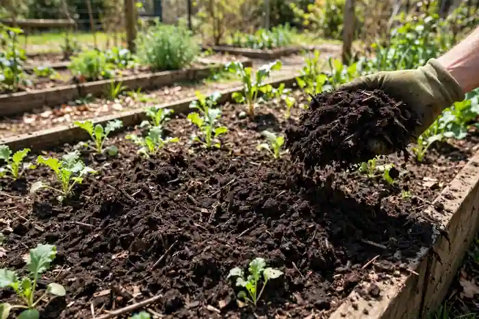 Finished dark compost being spread on a garden bed