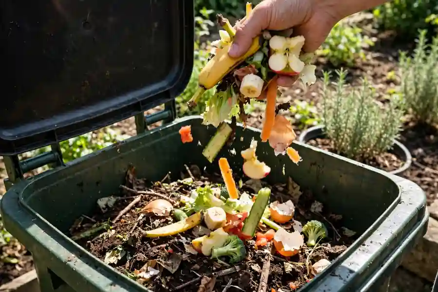 Fruit and vegetable scraps going into a compost bin