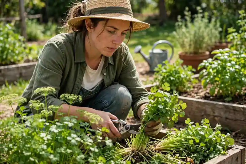 Person harvesting cilantro by cutting outer stems