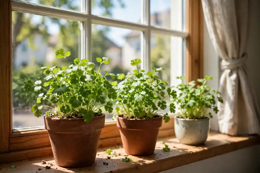 Cilantro growing indoors by a sunny window