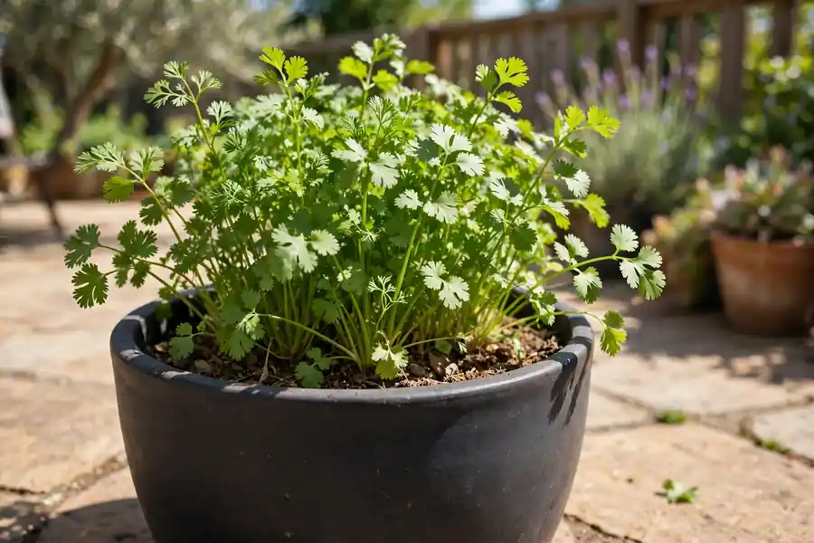 Cilantro growing in a deep pot on a sunny patio