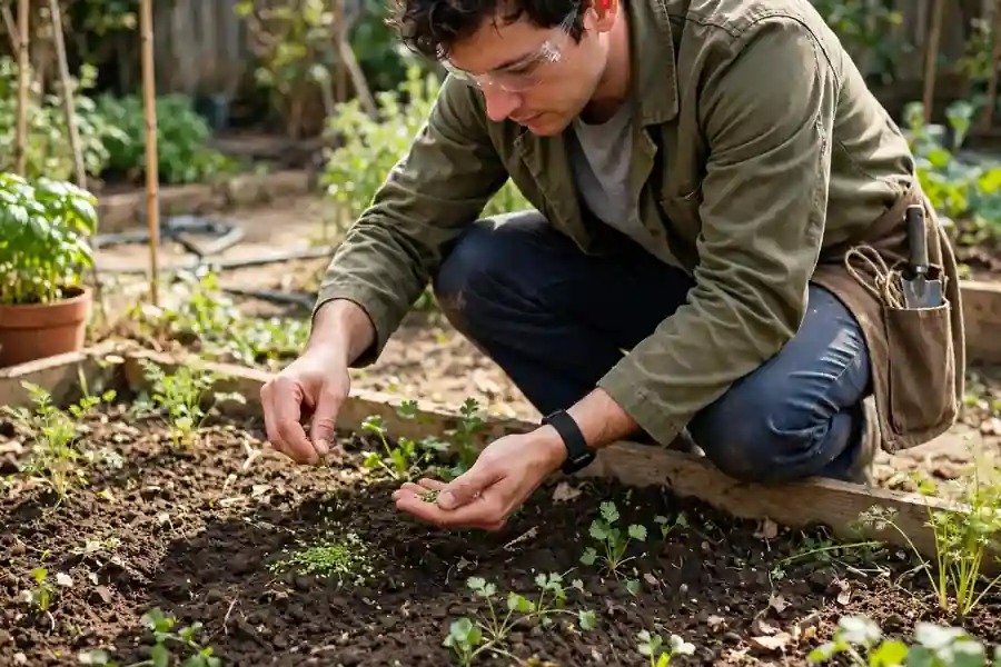 Person sowing cilantro seeds in garden soil