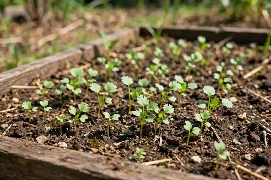 Cilantro sprouts growing in a garden bed