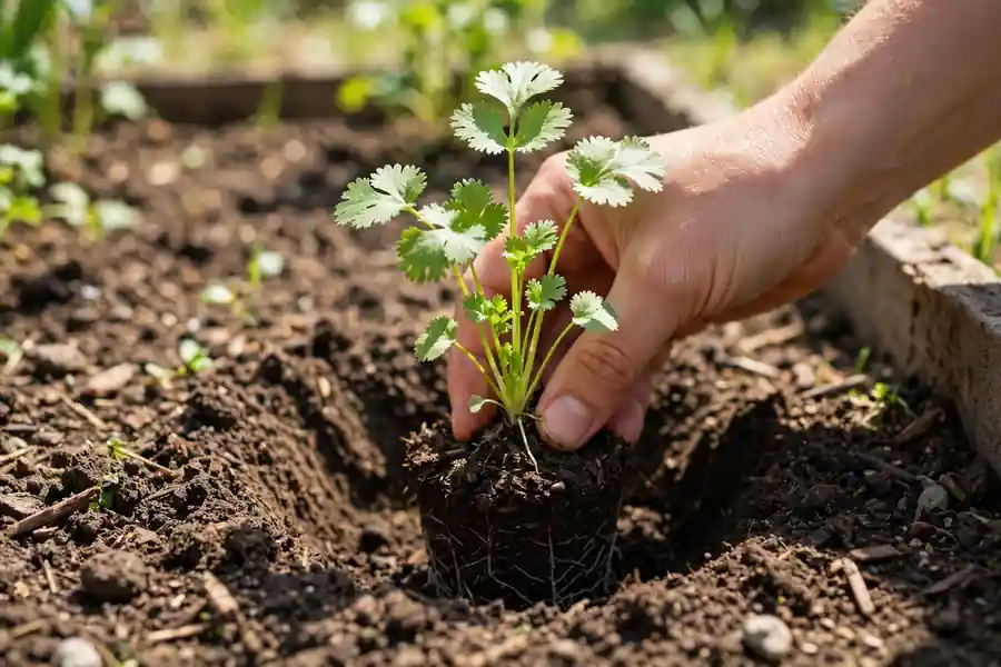 Nursery cilantro plant being planted gently