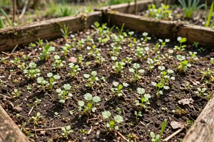 Young cilantro plants growing in a garden bed in spring