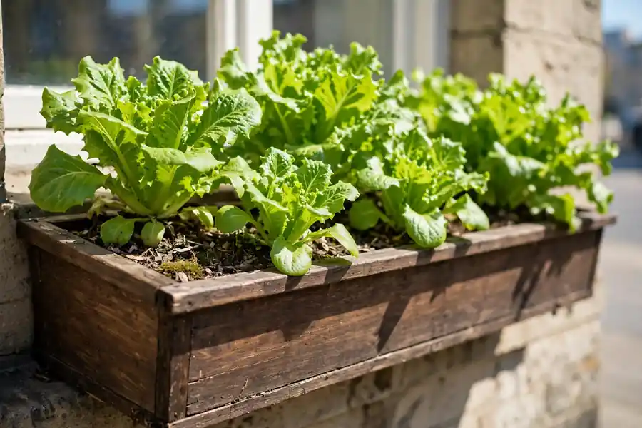 Lettuce growing in a window box container