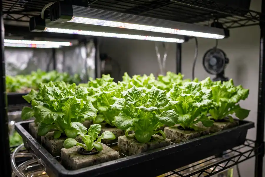 Lettuce growing indoors under a grow light
