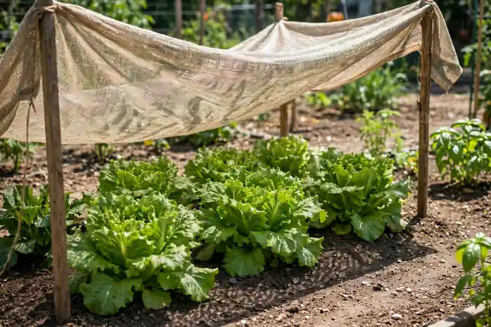 Lettuce shaded in a garden to stop bolting in heat