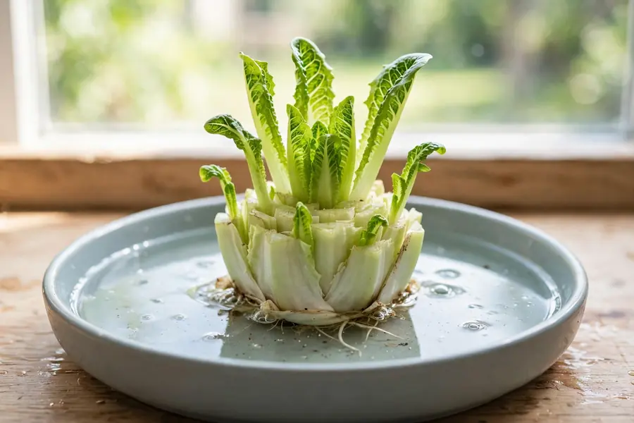 Romaine stump regrowing in a shallow dish of water