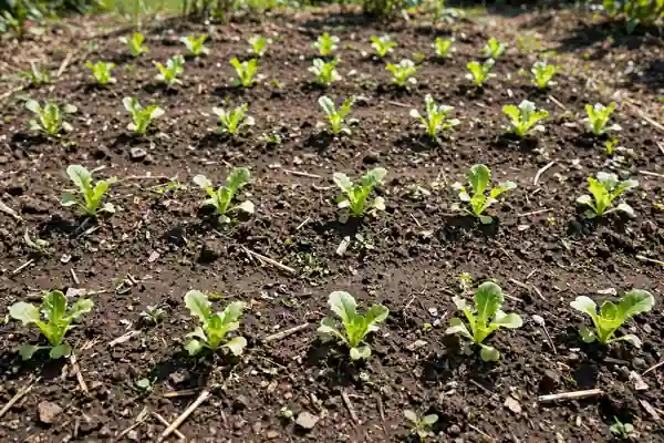 Lettuce seedlings spaced in rows in garden soil