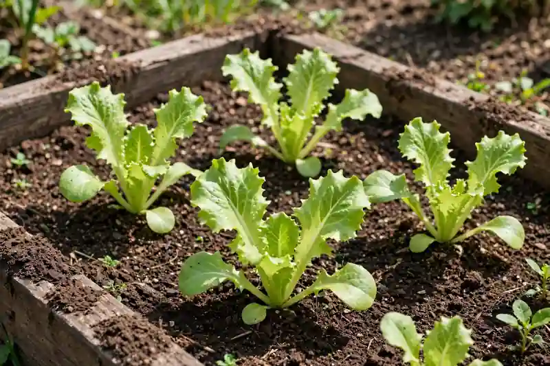 Young lettuce leaves growing in a garden bed
