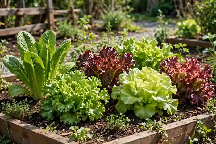 Different lettuce types growing in a garden bed
