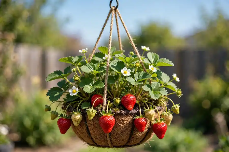 Strawberries growing in a hanging basket