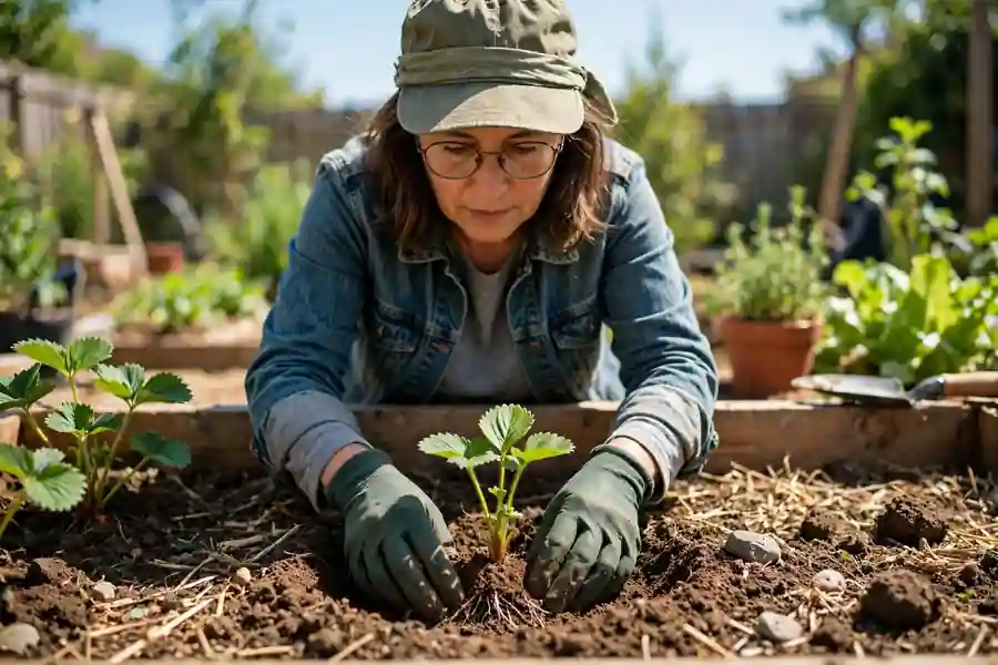 Person planting a strawberry plant with its crown at the soil line