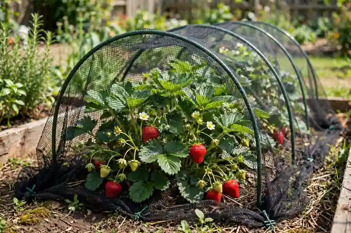 Strawberries covered with bird netting in a garden