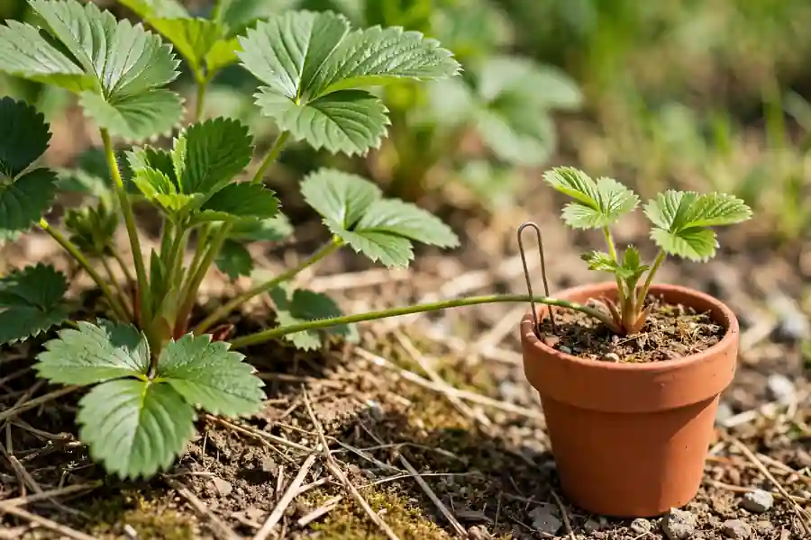 Strawberry runner with a daughter plant pinned in a small pot