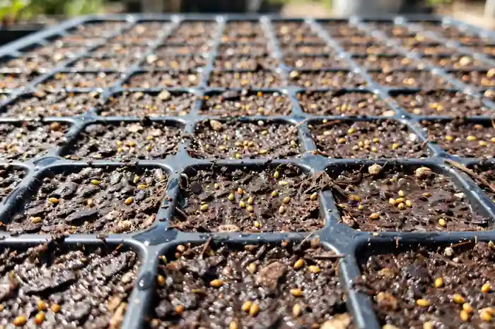 Strawberry seeds pressed onto damp seed mix in a tray