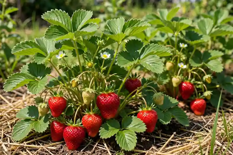 Strawberry plants fruiting in early summer