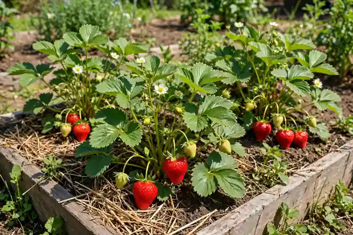 Strawberry plants with red berries in a garden bed
