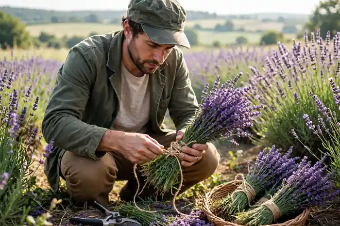 Person cutting lavender stems in the morning and bundling them