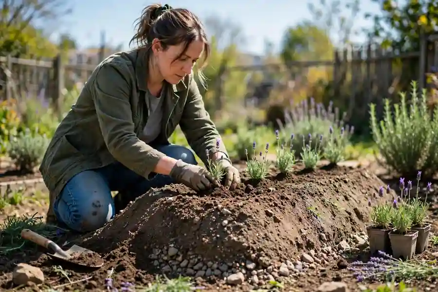 Person planting lavender on a raised mound for drainage