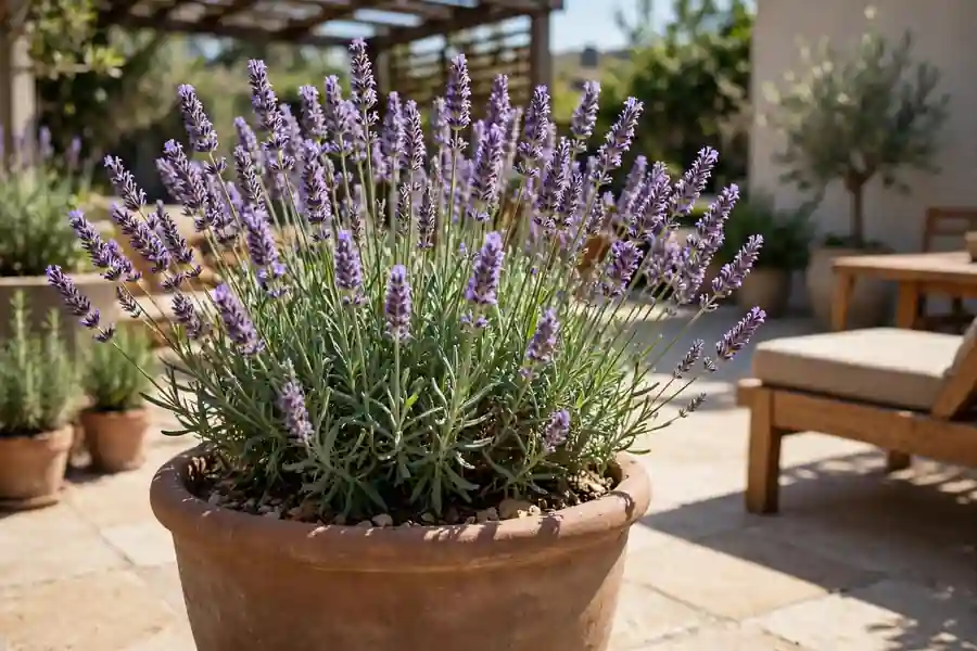 Lavender growing in a large pot on a sunny patio