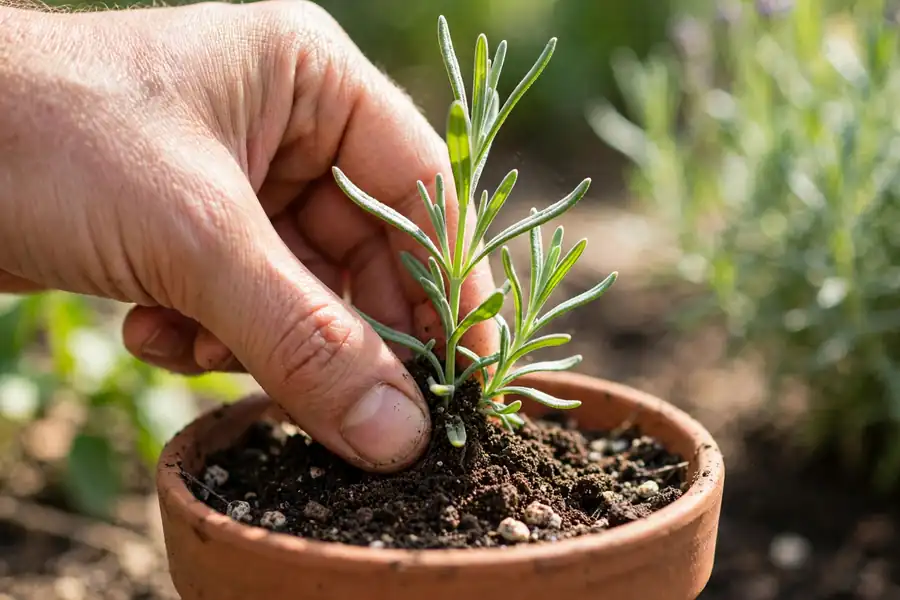 Lavender softwood cutting being planted in a small pot