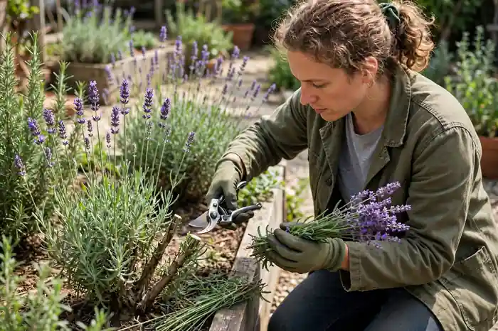 Person pruning a lavender plant by about a third