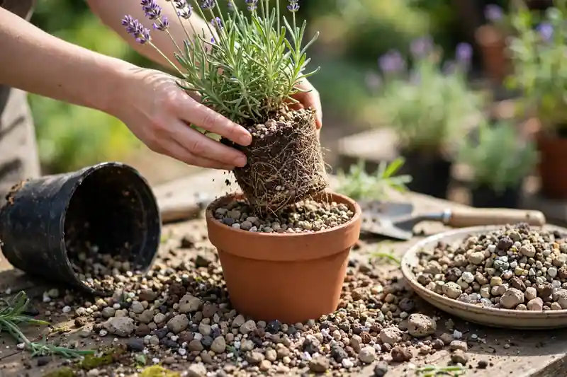 Lavender plant being repotted in gritty well-draining mix
