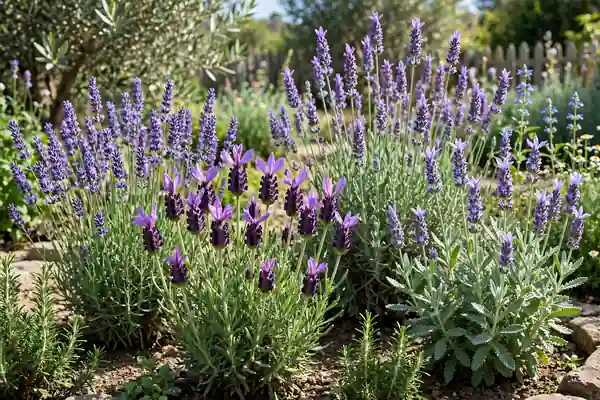 Different lavender kinds growing in a sunny garden