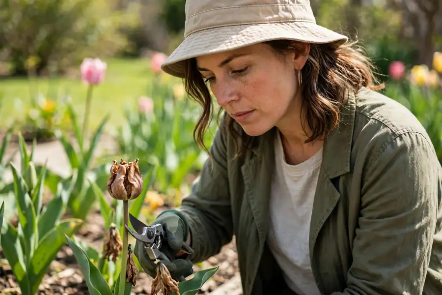 Person deadheading a spent tulip flower