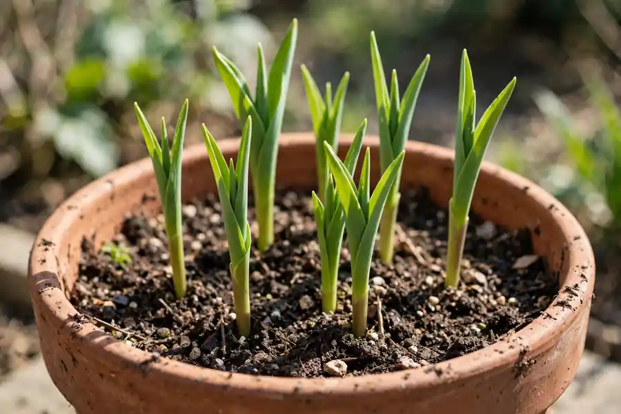Tulip sprouts in a pot after chilling