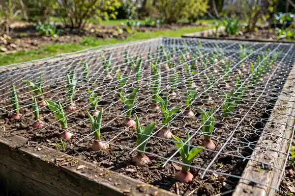 Wire mesh laid over a tulip bed to protect bulbs