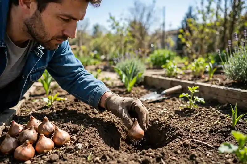 Person planting tulip bulbs pointed end up in garden soil