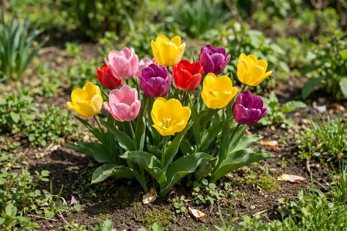 Clump of tulips blooming together in a garden bed
